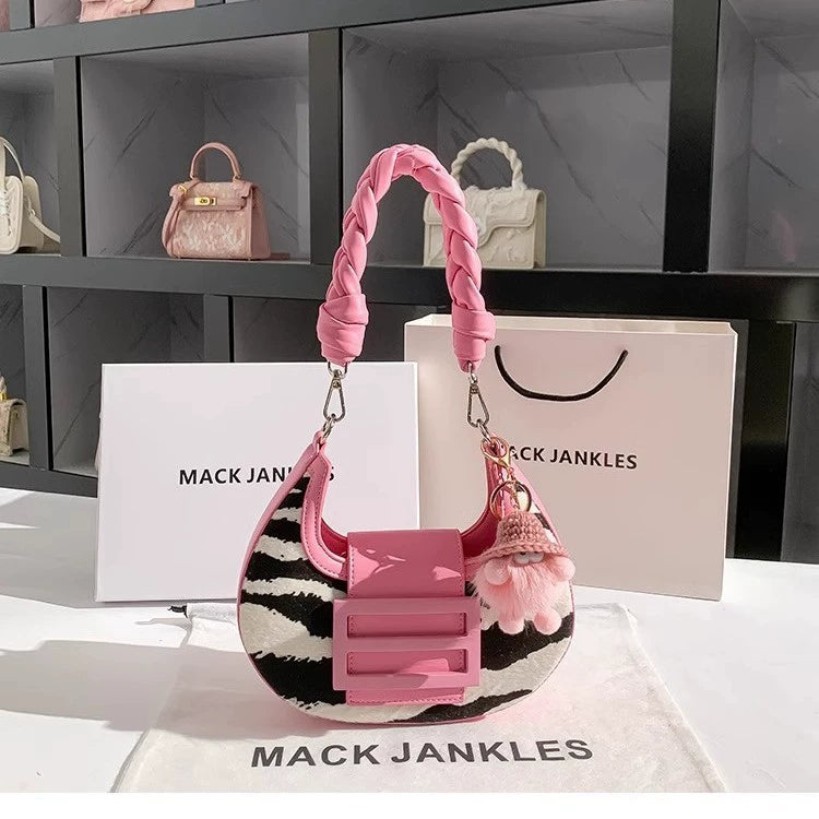 Zebra Print & Pink Braided Handle Shoulder Bag