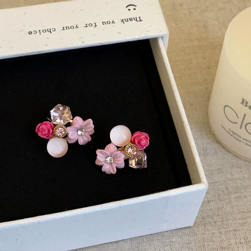 Chic Pastel Blossom & Crystal Cluster Stud Earrings