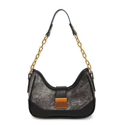 Chic Grey Denim & Black Leather Shoulder Bag with Gold Chain
