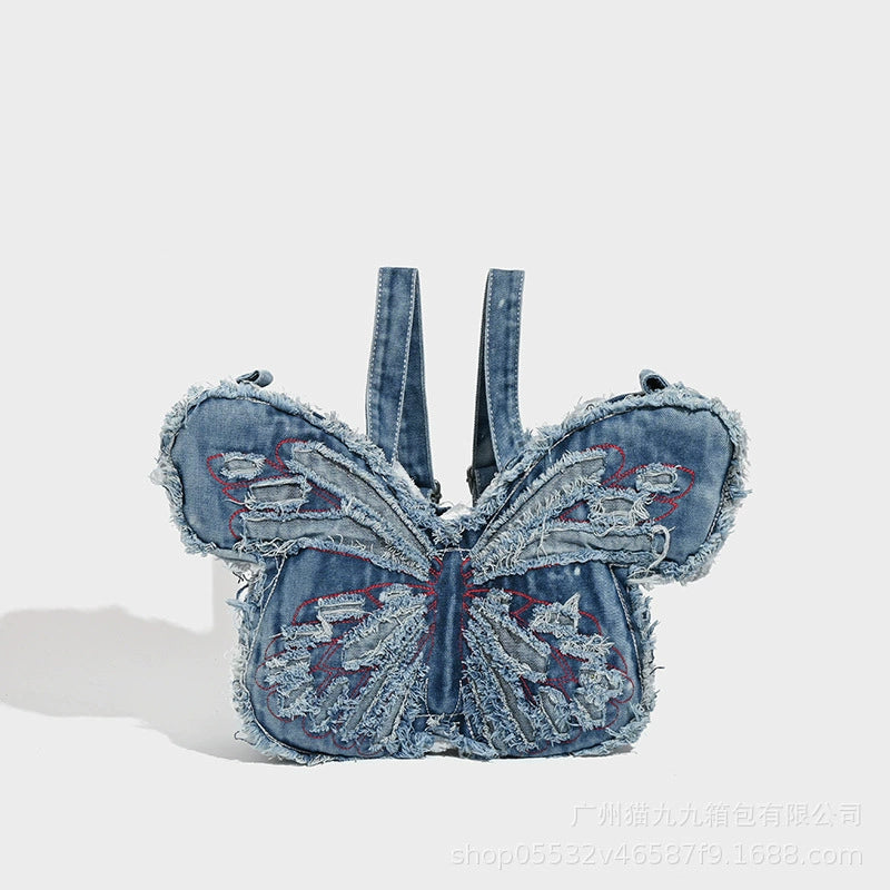 Y2K Distressed Denim Butterfly Shoulder Bag - Unique Style