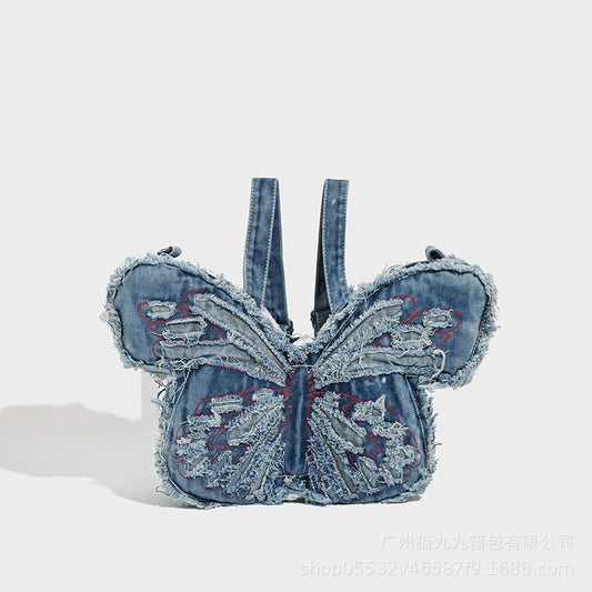 Y2K Distressed Denim Butterfly Shoulder Bag - Unique Style
