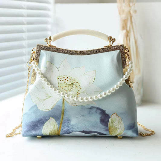 Elegant Oriental Lotus Floral Clutch Bag with Pearl Chain