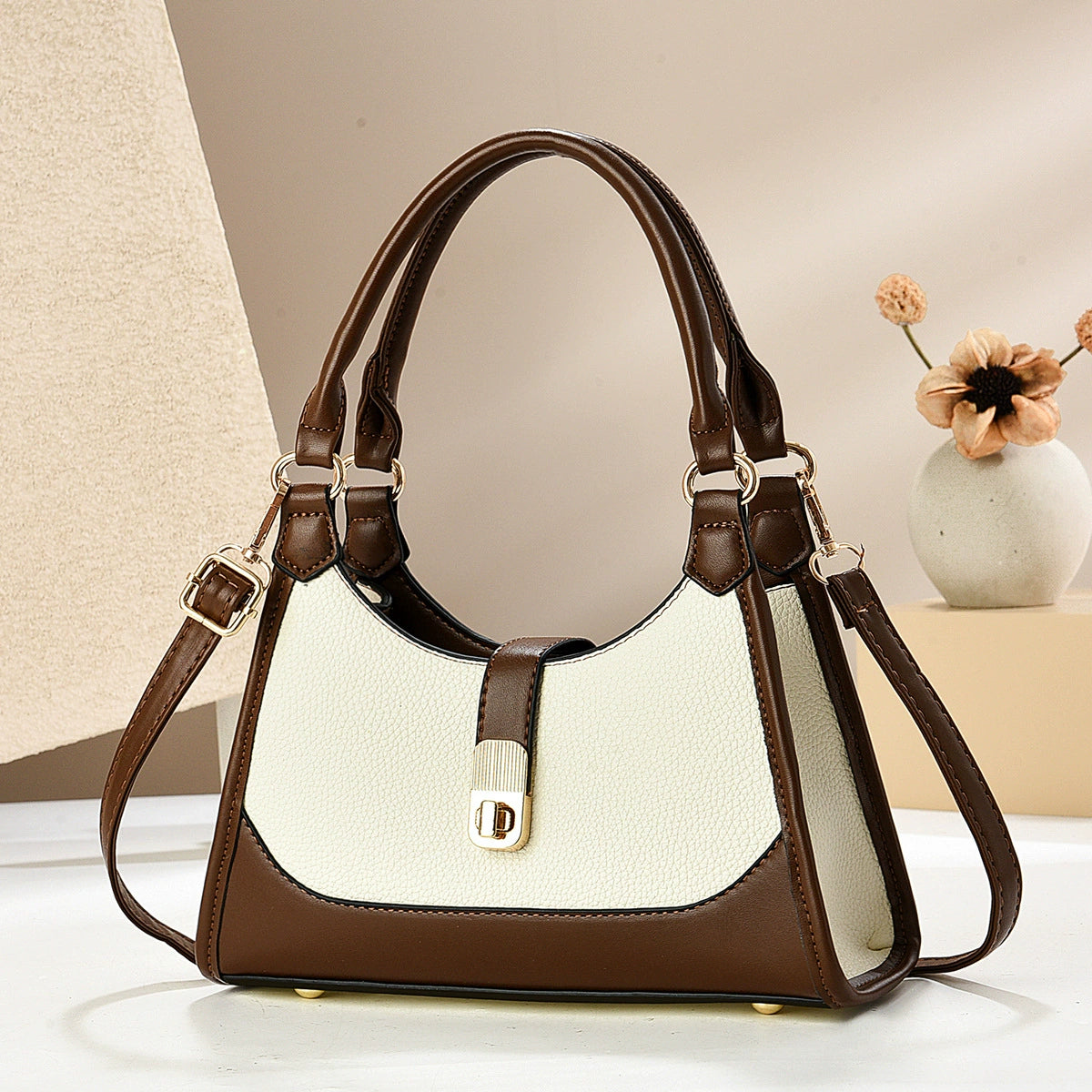 Elegant Two-Tone Faux Leather Handbag | Shoulder & Crossbody