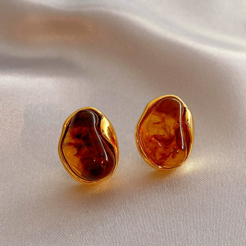 Amber-Tone Resin & Gold Irregular Stud Earrings