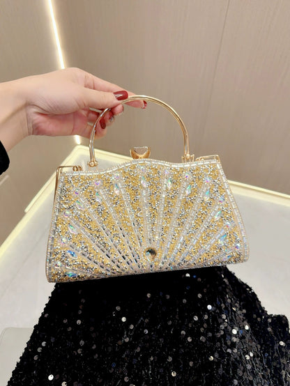 Elegant Black Rhinestone Evening Clutch Bag with Gold Handle