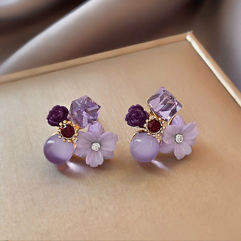 Elegant Purple Blossom & Crystal Drop Cluster Earrings