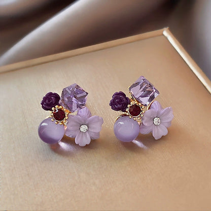 Elegant Purple Blossom & Crystal Drop Cluster Earrings