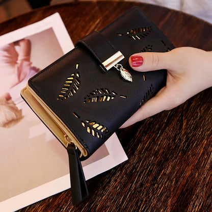 Chic Women's Brown Leaf Cutout Wallet with Charm