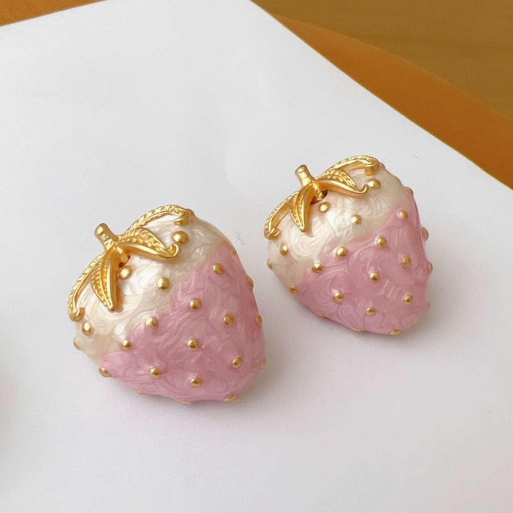 Whimsical Blue Enamel Strawberry Stud Earrings