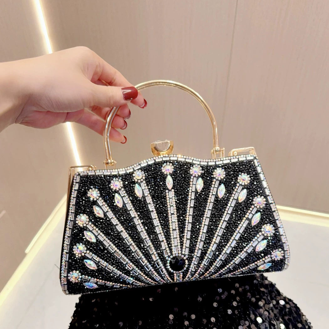 Elegant Black Rhinestone Evening Clutch Bag with Gold Handle