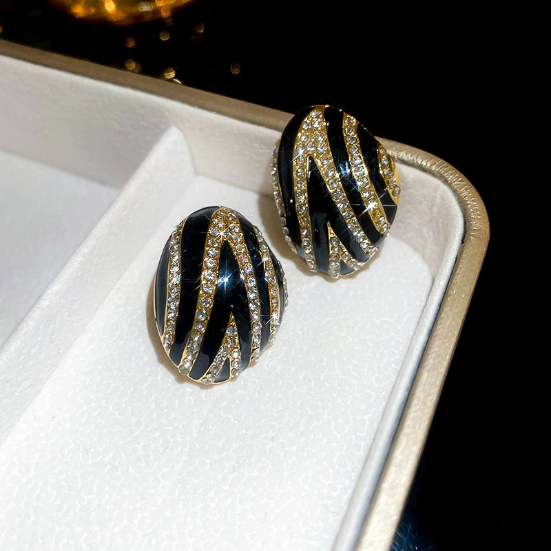 Elegant Black & Gold Crystal Striped Oval Stud Earrings