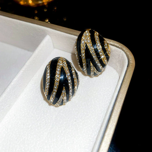 Elegant Black & Gold Crystal Striped Oval Stud Earrings