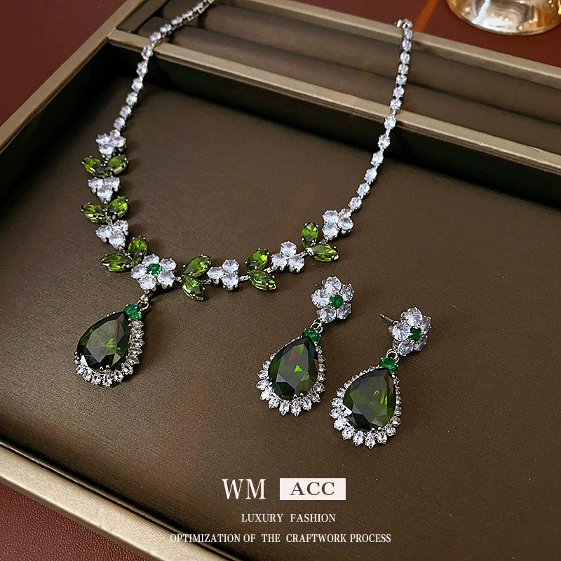Luxury Emerald Green & White Crystal Floral Jewelry Set