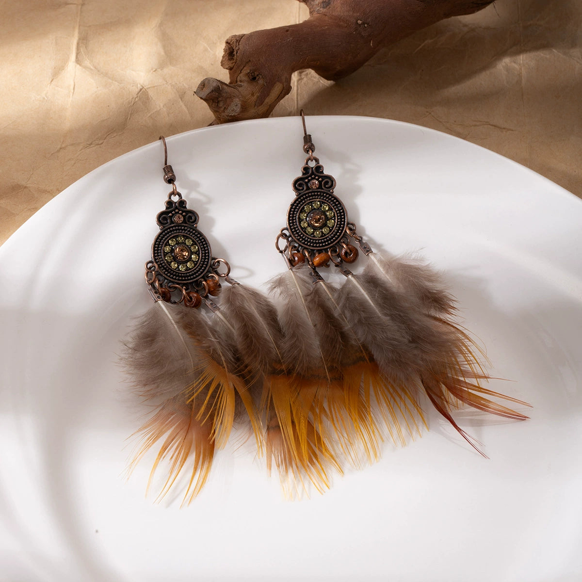 Ethnic Feather & Rhinestone Dangle Earrings - Boho Chic
