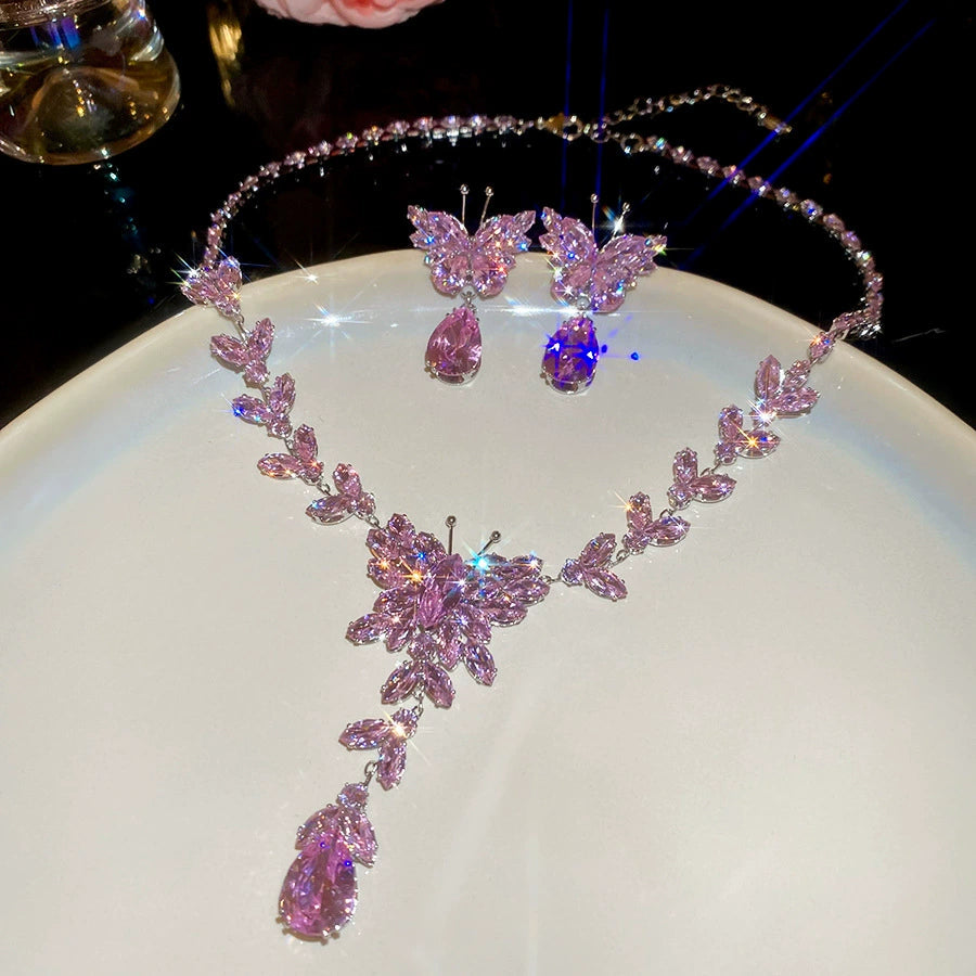 Sparkling Pink Crystal Butterfly Necklace & Earring Set