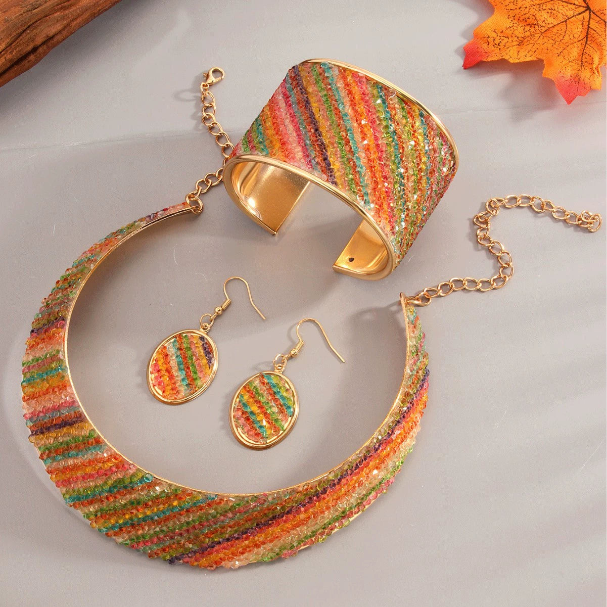 Vibrant Beaded Multicolor Leopard Jewelry Set