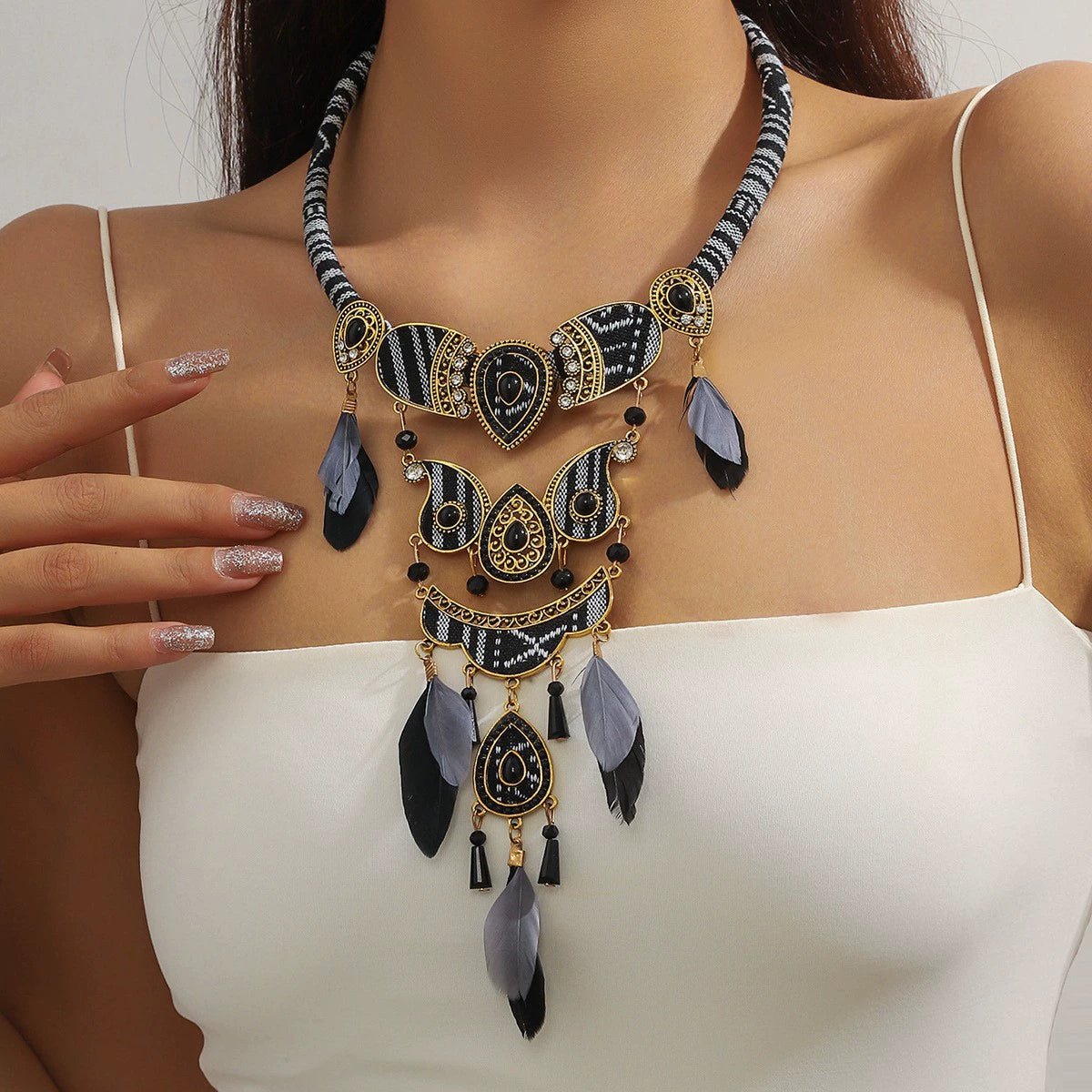 Bohemian Tribal Owl Feather Statement Collar Necklace