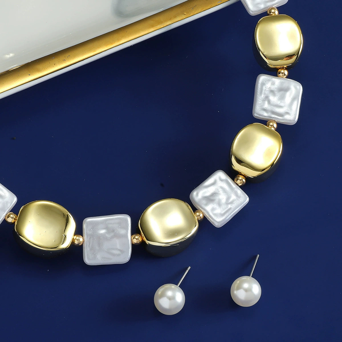 Bold Gold & White Bead Statement Necklace with Pearl Studs