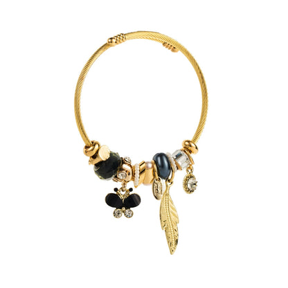 Whimsical Gold & Blue Charm Bracelet Butterfly Feather