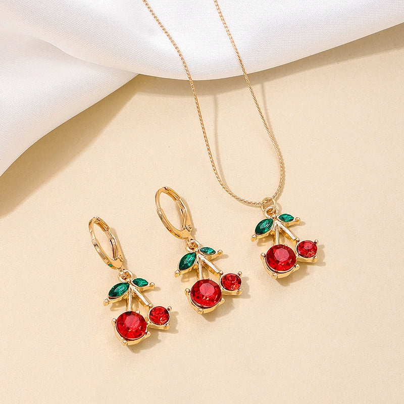 Chic Cherry Red Gemstone Jewelry Set - Necklace & Earrings