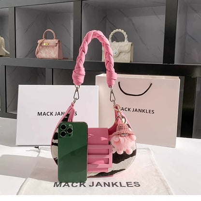 Zebra Print & Pink Braided Handle Shoulder Bag