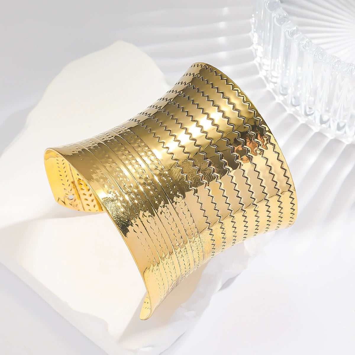 Elegant Gold Wide Cuff Bracelet with Zigzag & Textured Design