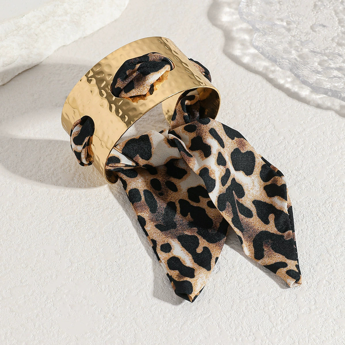 Chic Gold Tone Hammered Cuff with Leopard Print Tie Bracelet