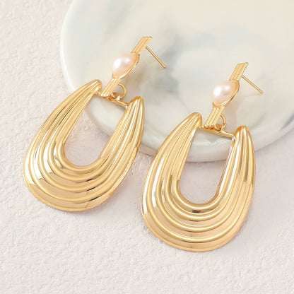 Modern Gold Ribbed U-Drop Pearl Statement Earrings
