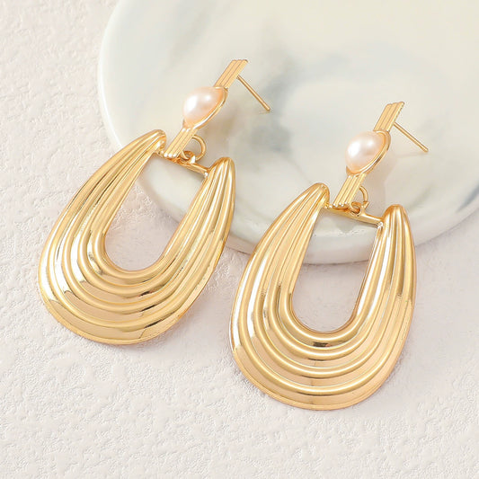 Modern Gold Ribbed U-Drop Pearl Statement Earrings
