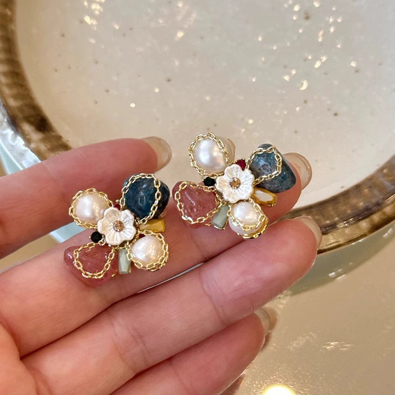 Artisan Pearl & Gemstone Flower Cluster Stud Earrings