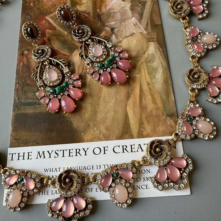Vintage Rose Quartz & Malachite Statement Jewelry Set