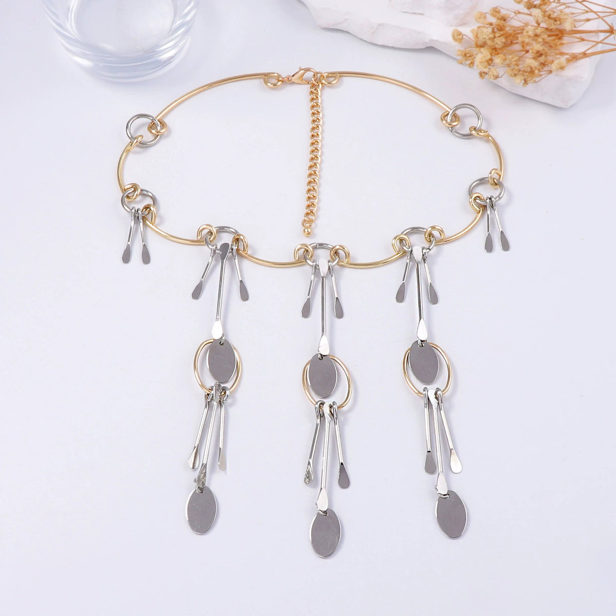 Modern Abstract Dangle Choker Necklace - Two-Tone Statement