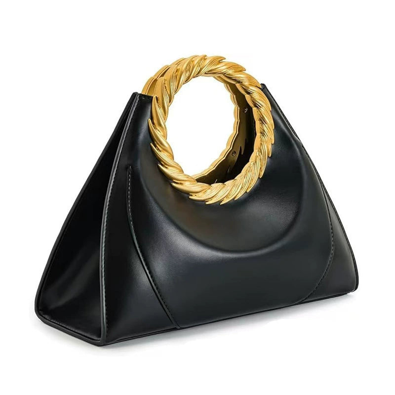 Luxury Black Trapezoid Bag with Golden Laurel Handle