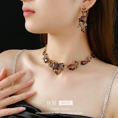 Vintage Bohemian Red Crystal Leaf Necklace & Earring Set