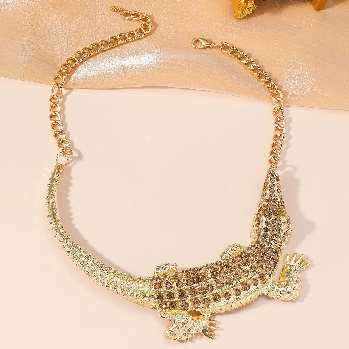 Gold Rhinestone Crocodile Statement Necklace for Women