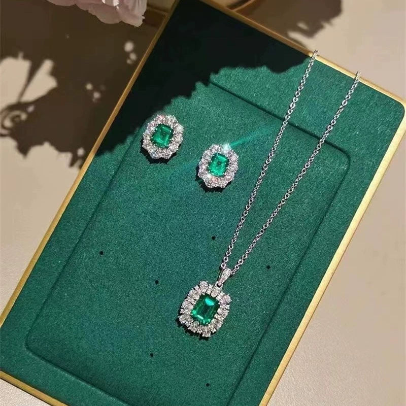 Elegant Emerald & Silver Tone Jewelry Set - 3 Pcs