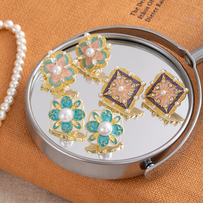 Elegant Pearl & Turquoise Enamel Floral Stud Earrings