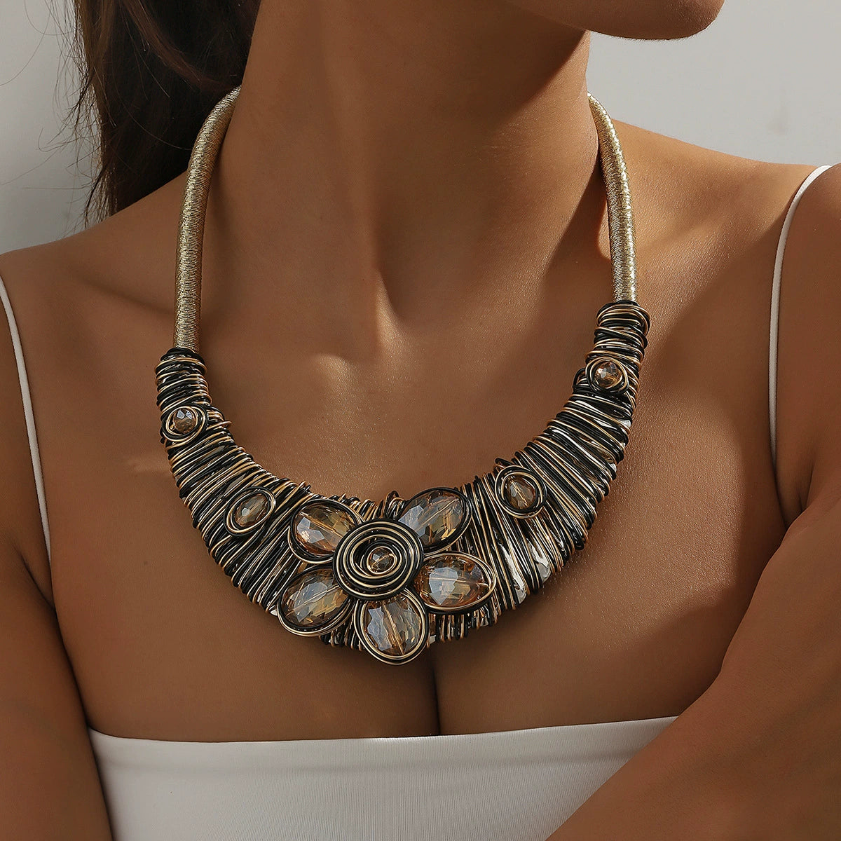Artisan Wire-Wrap Floral Statement Necklace - Gold & Amber