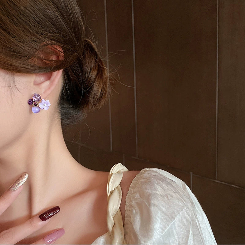 Elegant Purple Blossom & Crystal Drop Cluster Earrings