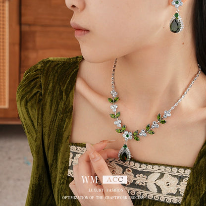 Luxury Emerald Green & White Crystal Floral Jewelry Set