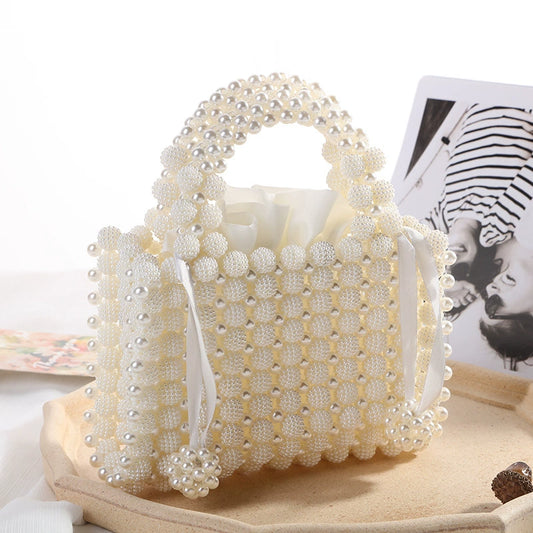 Elegant White Pearl Beaded Top-Handle Mini Handbag