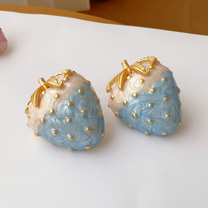 Whimsical Blue Enamel Strawberry Stud Earrings