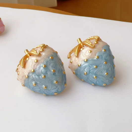 Whimsical Blue Enamel Strawberry Stud Earrings