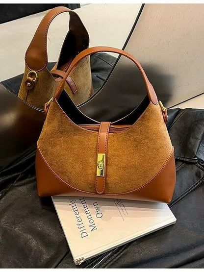 Chic Black Suede & Leather Hobo Handbag
