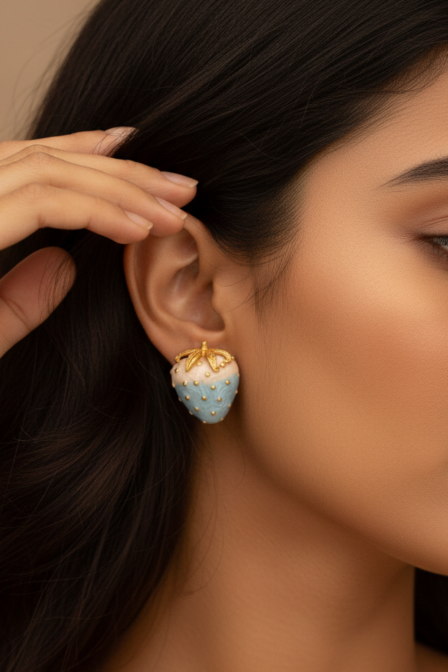 Whimsical Blue Enamel Strawberry Stud Earrings