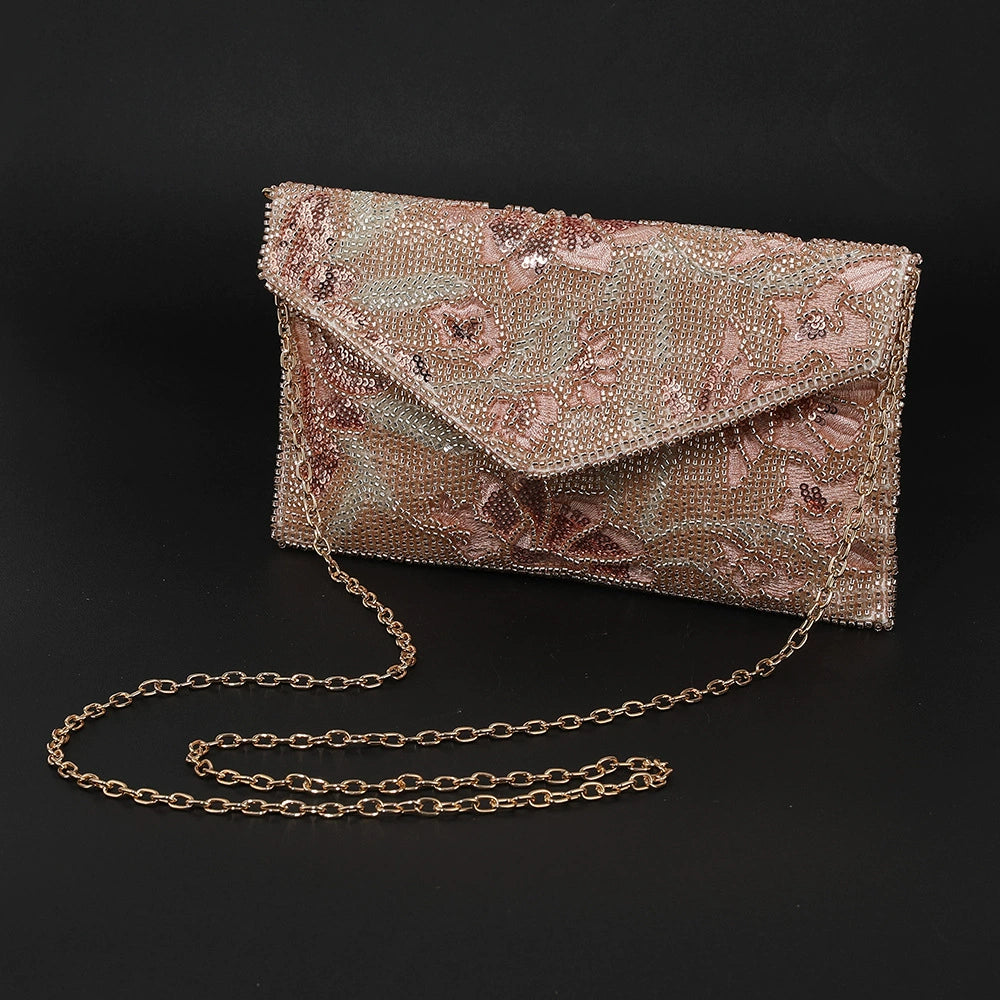 Elegant Rose Gold Sequin Floral Embroidered Evening Clutch