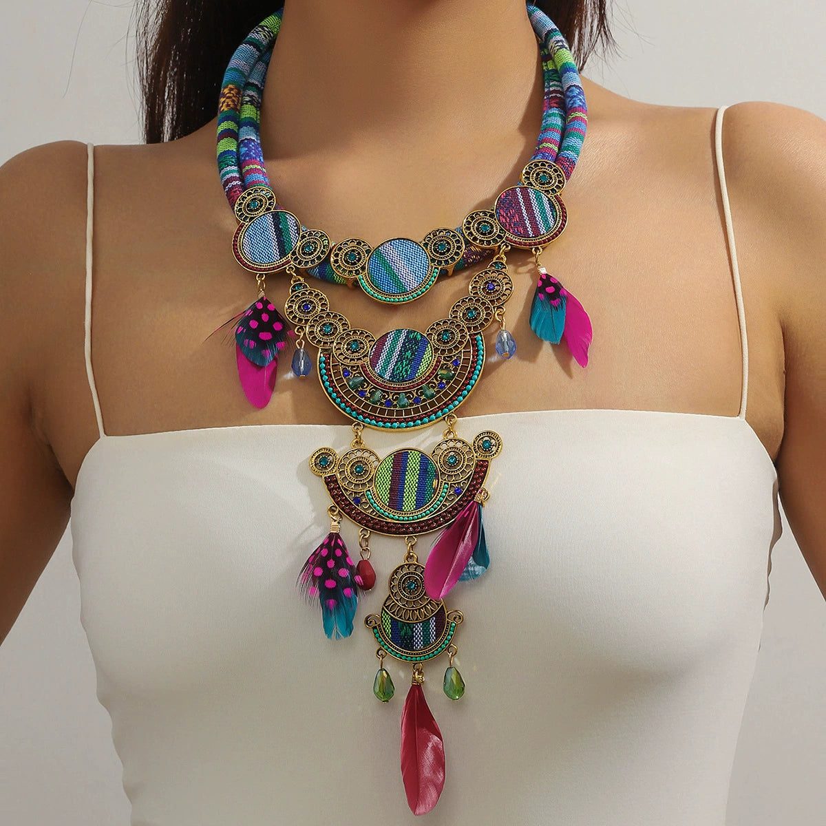 Bohemian Tribal Owl Feather Statement Collar Necklace