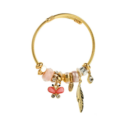 Whimsical Gold & Blue Charm Bracelet Butterfly Feather