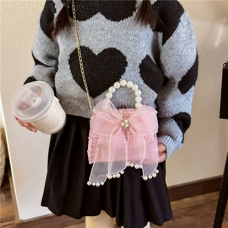 Chic Pink Tweed Mini Handbag with Pearl Handle & Bow