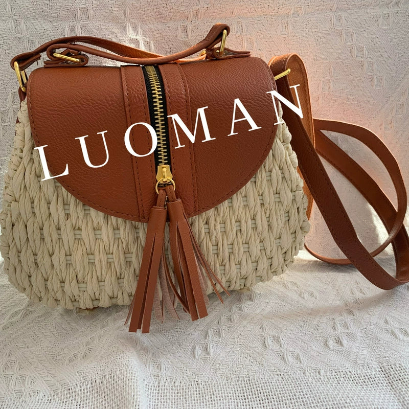 Chic Woven Straw Bag with Leather Flap & Tassel